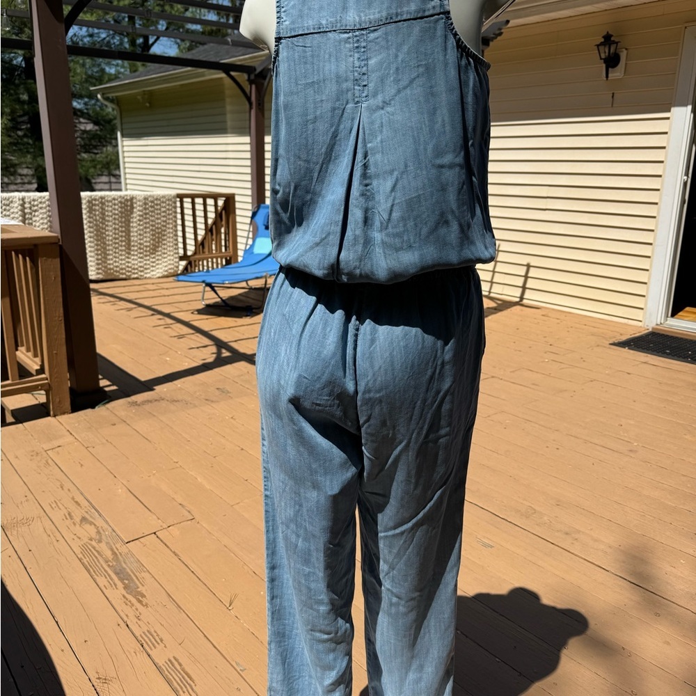 Boston Proper Blue Chambray Jumpsuit Size XS button up front tie elastic waist - Picture 7 of 12
